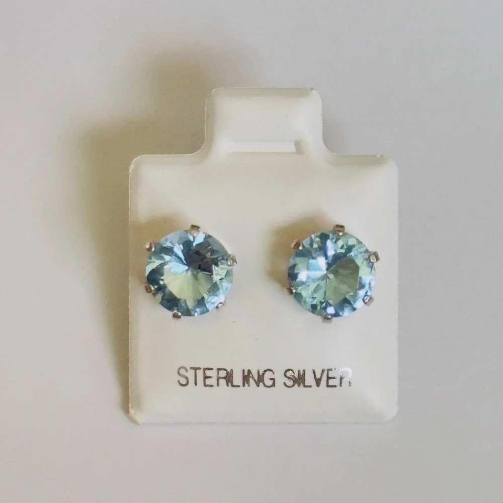 New Light Blue Round CZ Silver Stud Earrings